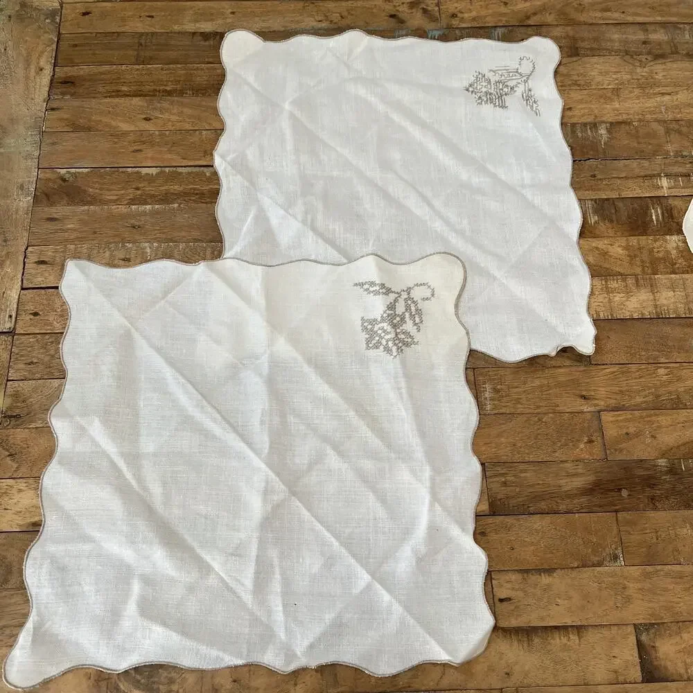 Vintage Cross-Stitch Embroidered Linen Napkins Set of 5 Floral Farmhouse Style
